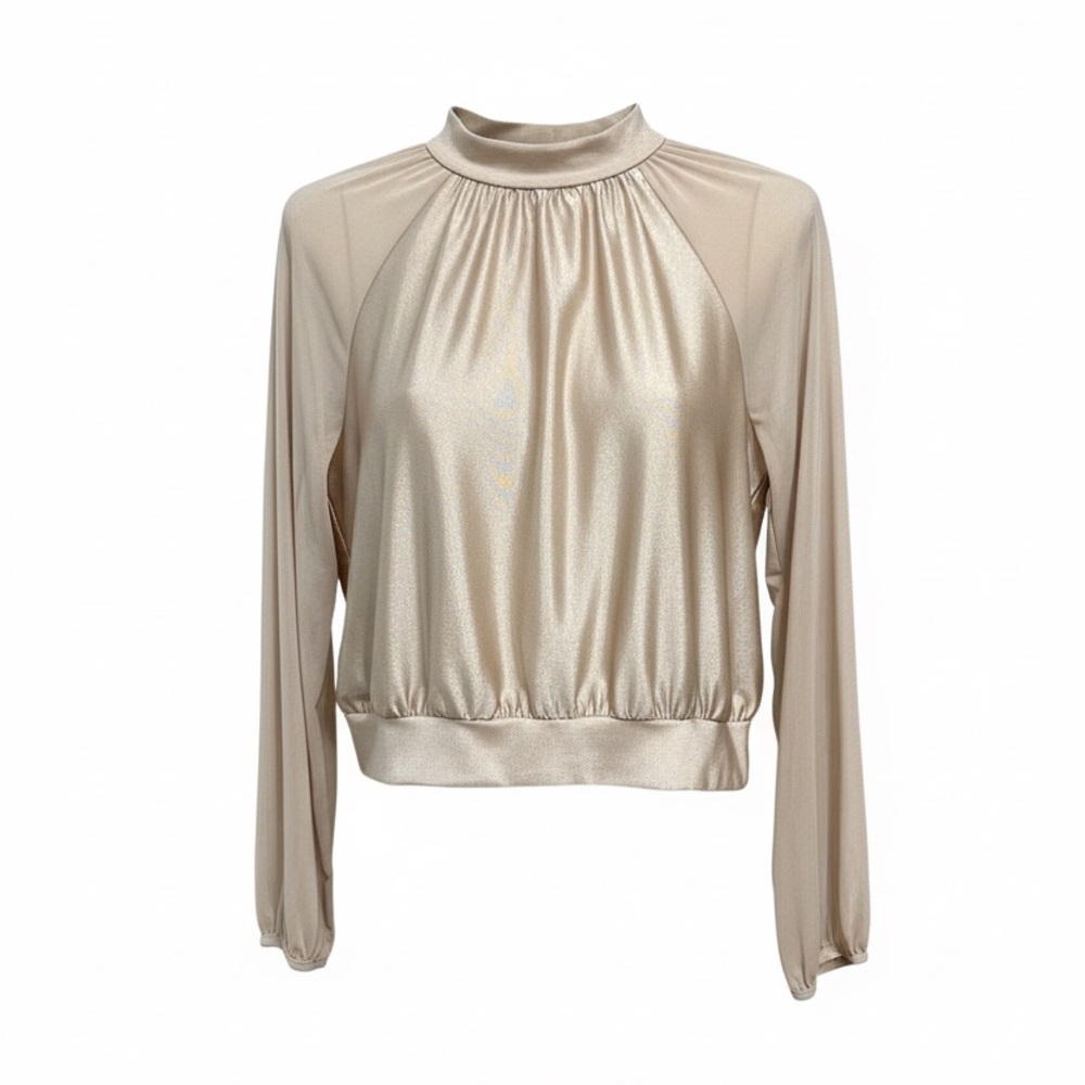 Steps New York Brand satin-Effect Long Sleeve Blouson Top in Champagne Beige